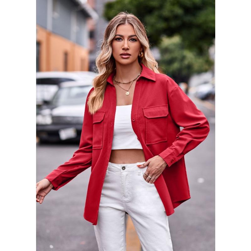 Women S Loose Fit Long Sleeve Shirt With Double Pockets Casual Fashion