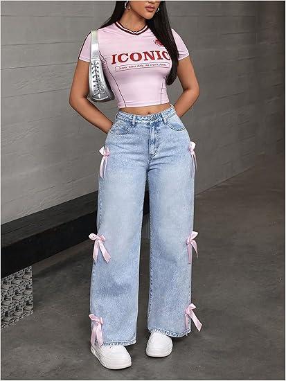Women s Mid Rise Straight Jeans Loose Fit Street Trend Bow Patch Spring Women Denim Trousers XS