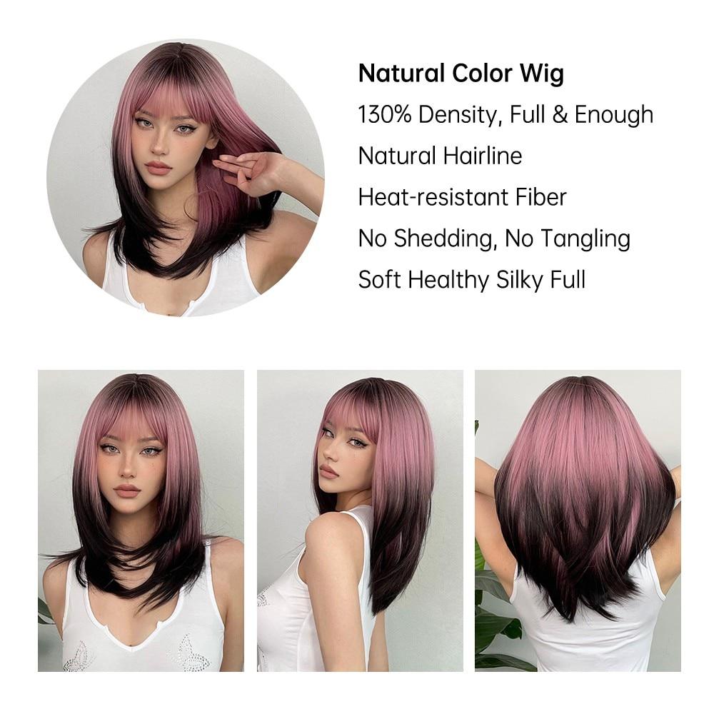 Pelucas Sintéticas Negras Rosadas para Cosplay Pelucas Largas Lisas a Capas con Flequillo para Mujeres Cabello Resistente al Calor