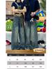 Retro Blue High Waist Wide Leg Jeans for Women - Floor Length, Loose Fit, Trendy Autumn Style.
