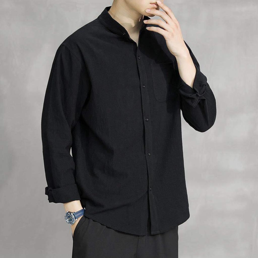 New Cotton Linen White Shirt Men's Casual Loose Korean Version of The Trend Long-sleeved Shirt Black Coat