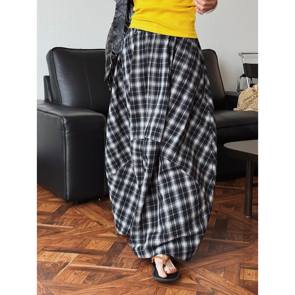 Johnature Summer Japanese Casual Plaid Skirt Three-dimensional Silhouette Fluffy Long Skirts Women