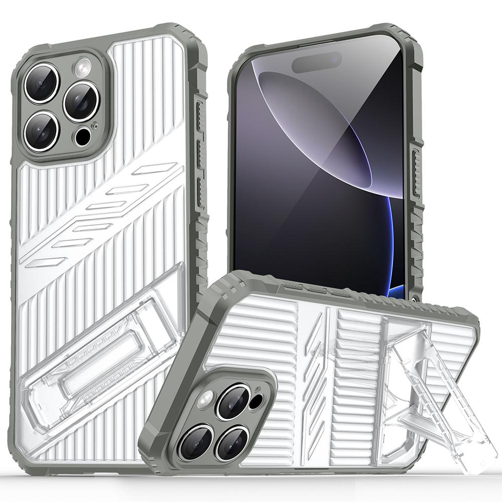 

For iPhone 16 Pro Case Invisible Kickstand PC+TPU Anti Drop Phone Cover Grey