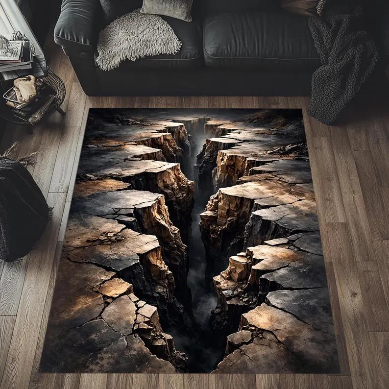 2D Realistic Canyon Crack Area Rug, Illusion Home Decor, Non-Slip Rug for Gothic & Industrial Living Room Bedroom Home Mat