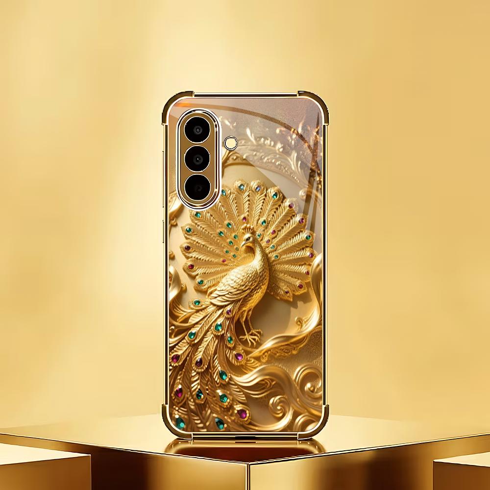 Golden Peacock Plated Glass Phone Case Suitable for Samsung Galaxy S26 S25 S24 S23 S22 S20 FE/Ultra/Plus Anti Drop Rear Cover
