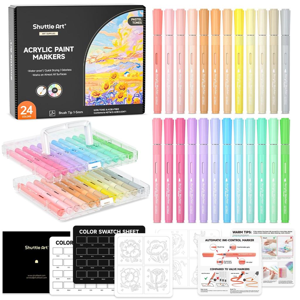 Shuttle Art Acrylic Pastel Pens with Brush Paint Metallic Acrylic Paints for and Includes Storage Perfect for Handmade DIY and Art Gifts Markers,