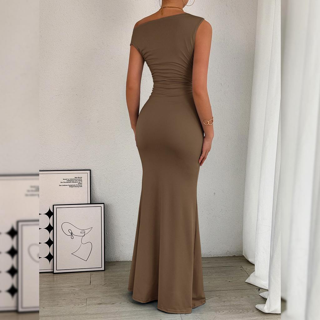 European and American Women's Fishtail Skirt with Sloping Shoulder Collar and Sleeveless Sexy Dress
