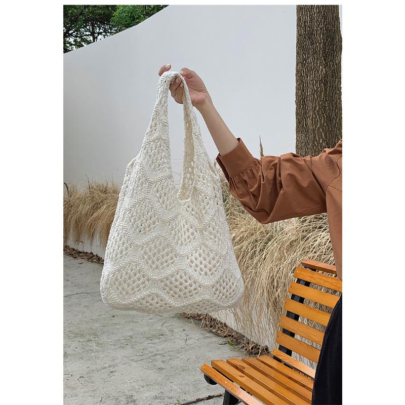 Polyester Knit Shoulder Bag for Women Diamond Hollow Out Woven Tote Purse Soft Handbag Casual Daily Commute Bag KTB