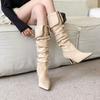 Maillard autumn and winter new French retro pointed head pleated thin heel high boots women's suede but knee long tube