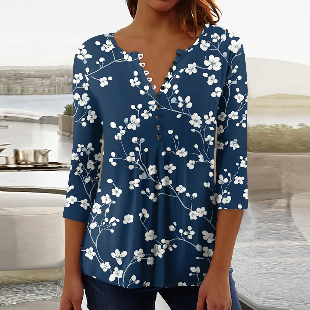 Women's Fashion Casual Pullover T-Shirt 3/4 Sleeve Printed Top