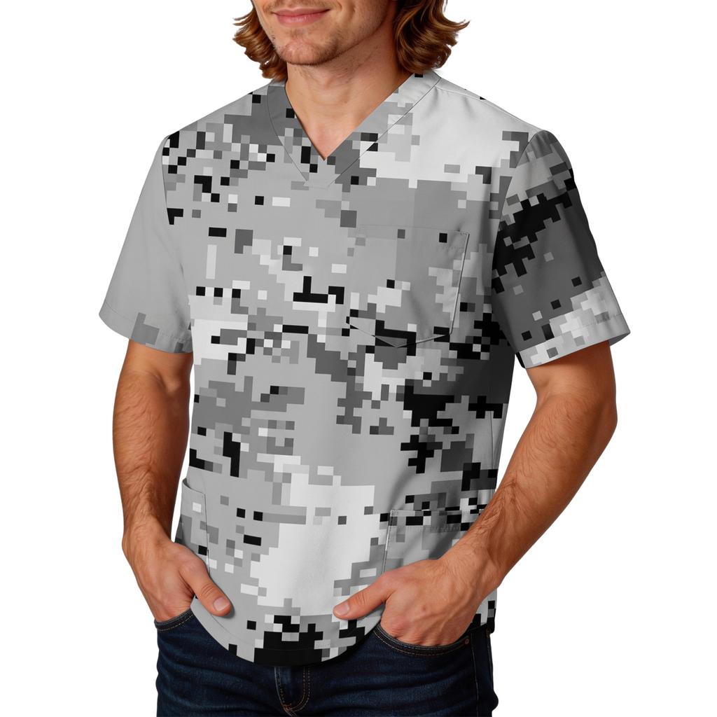 Mens V Neck Scrub Top with Camouflage Print Short Sleeve Classic Fit Lightweight Breathable Uniform Shirt