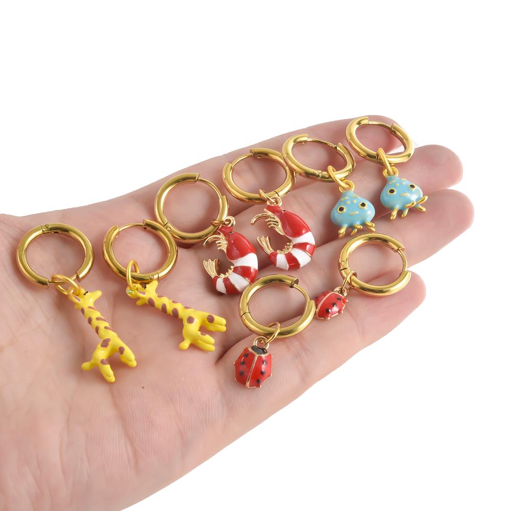 Gold Color Stainless Steel Round Hoop Earring Cartoon Animal Cat Paw Bunny Lobster Alloy Pendant Earrings For Women Girl Jewelry