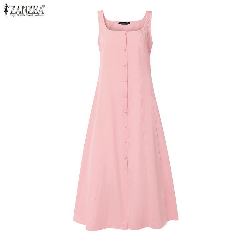 ZANZEA Damen Lässig Rundhals Sommer Ärmelloses Kleid