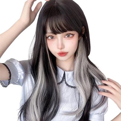FORCUTEU Perücke Lang Schwarz Grau Innenfarbe Lockig Lockig Volle Perücke Crossdressing Cosplay Perücke Natürlich Hitzebeständig Alltagsgebrauch Inklusive Damennetz/Kamm