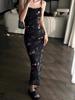 French retro floral suspender vest dress women's summer black slim and thin sexy hottie hip skirt