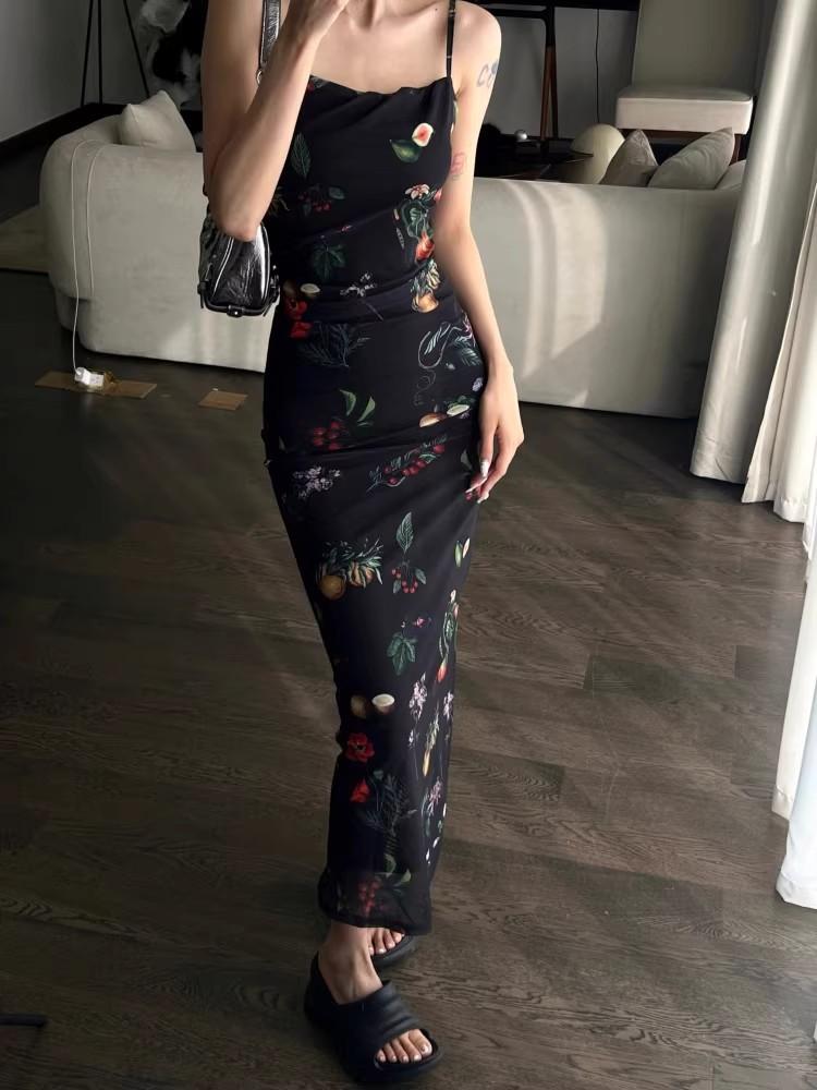 French retro floral suspender vest dress women's summer black slim and thin sexy hottie hip skirt