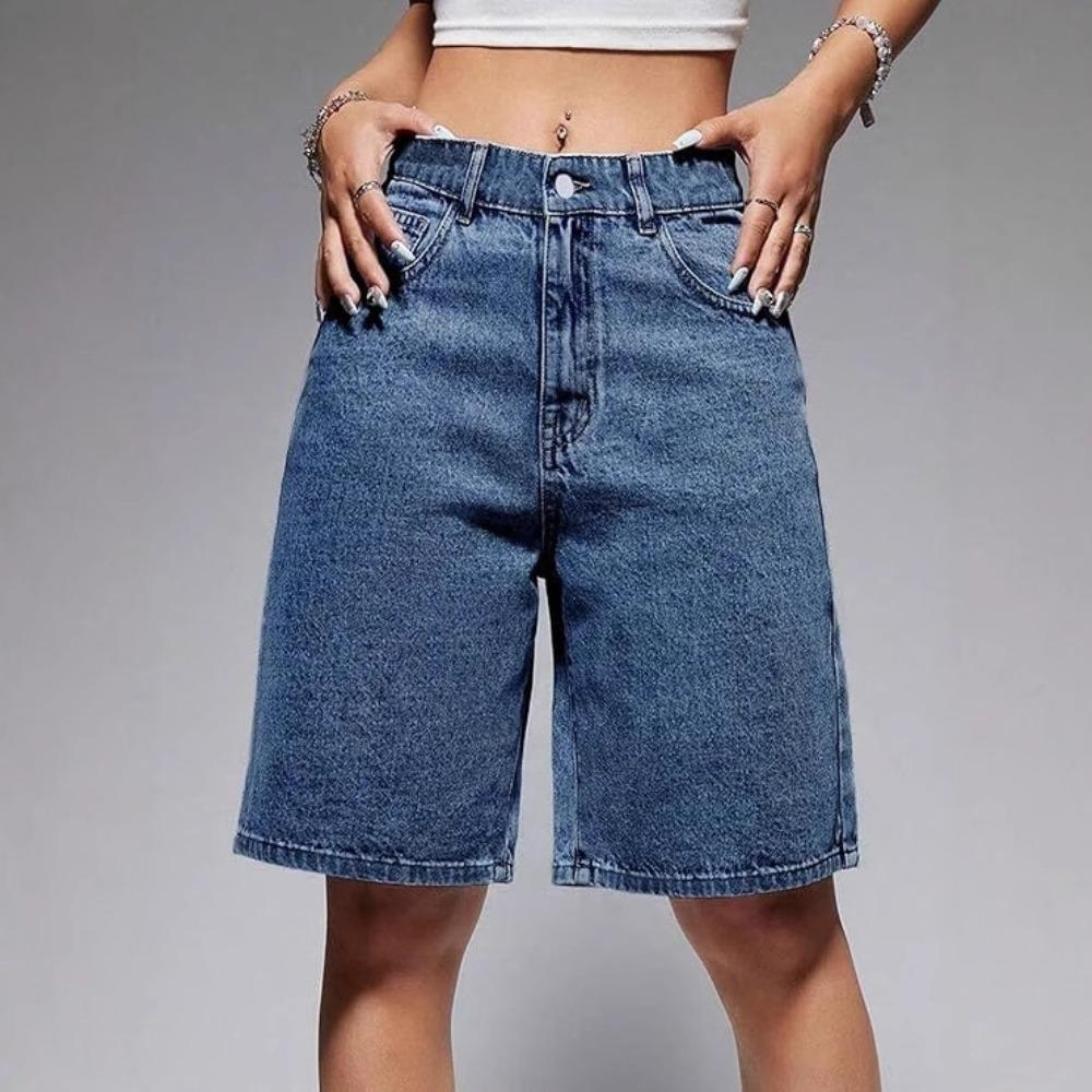 Women's Mid Rise Bermuda Shorts Loose Fit Streetwear Washed Denim Shorts Solid Color Wide Leg Jeans