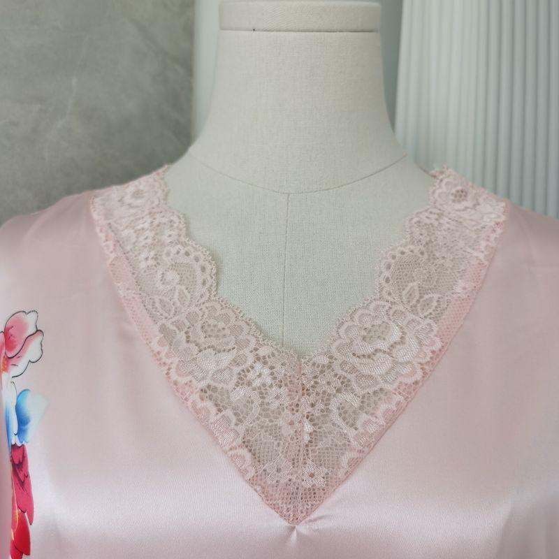 Silk Pajamas for Women 2022 New Arrival Summer Thin Short-Sleeved Lace Nightdress V Neck Pink Flower Sleeping Dress