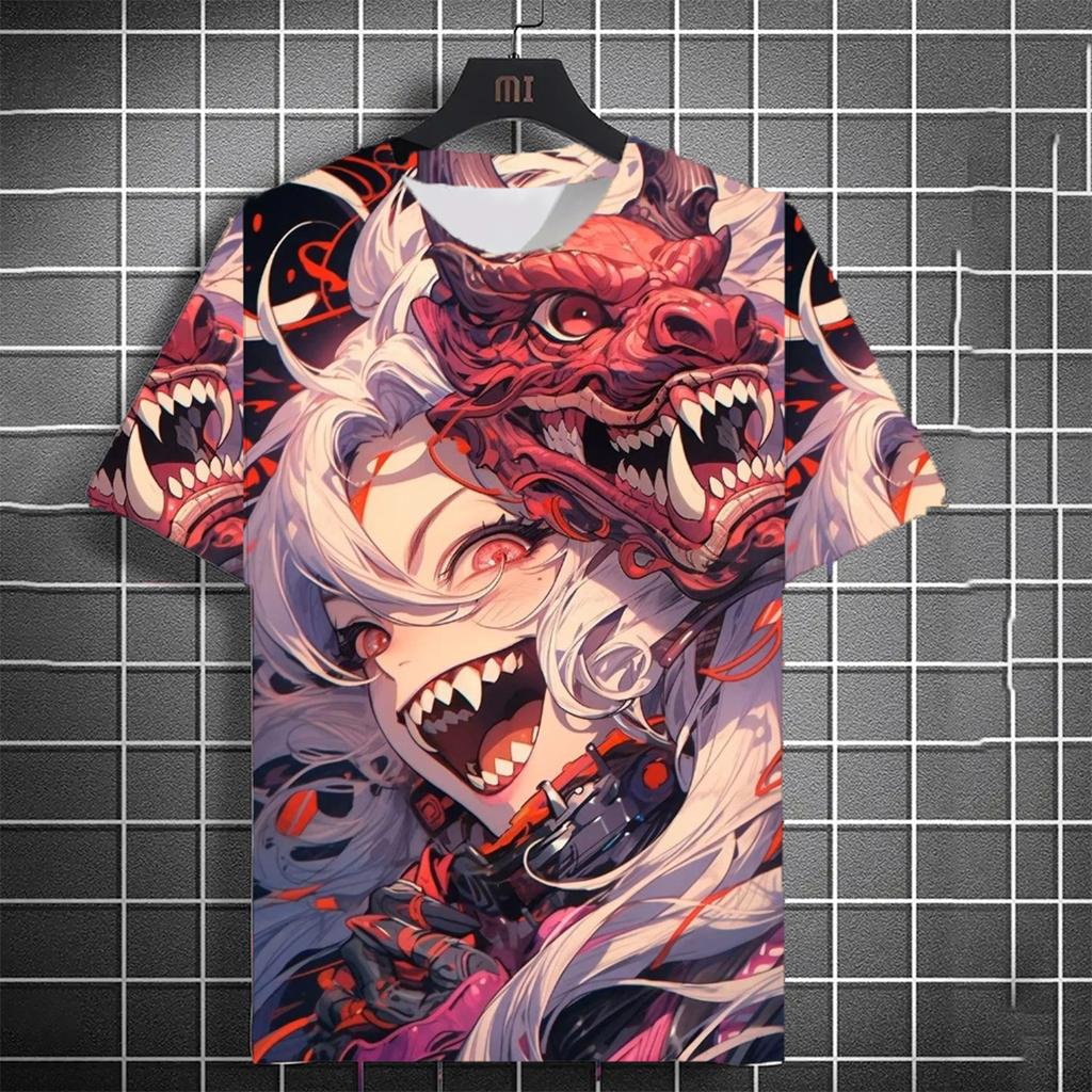 Modny Uniwersalny Męski T-shirt z Nadrukiem 3D Japoński Samuraj Anime Osobowość Okrągły Dekolt Krótki Rękaw Modne T-shirty