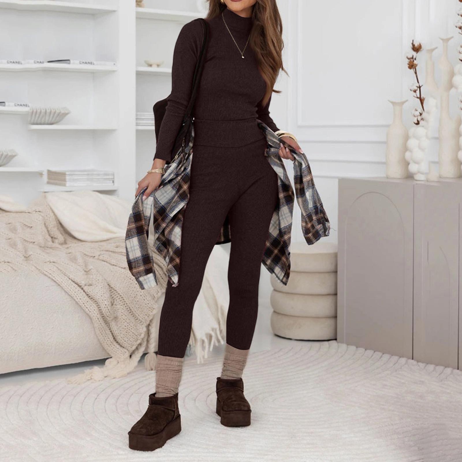 

Women s Two-piece Knitted Base Layer Set: Turtleneck Slim-fit Pullover Top + Leggings L коричневий