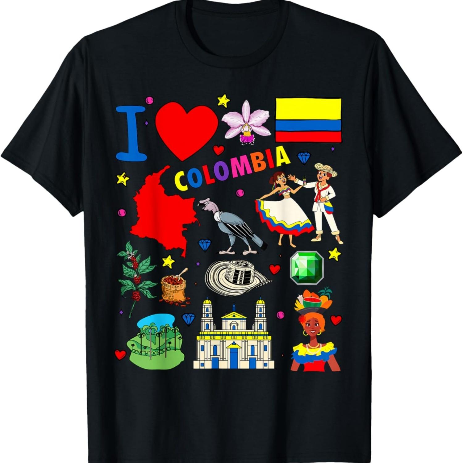 I love Colombia Hand drawn Colombian Landmarks, flag and map T-Shirt S чёрный
