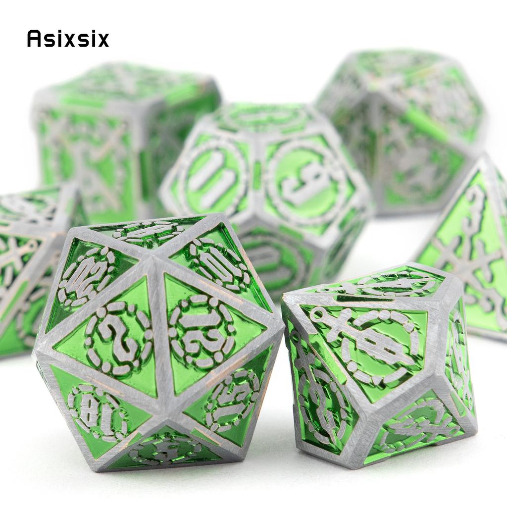 7 Pcs Green Silver Double Swords Metal Dice Solid Polyhedral Dice Set Suitable for Role-Playing RPG   Pathfinder Board Game
