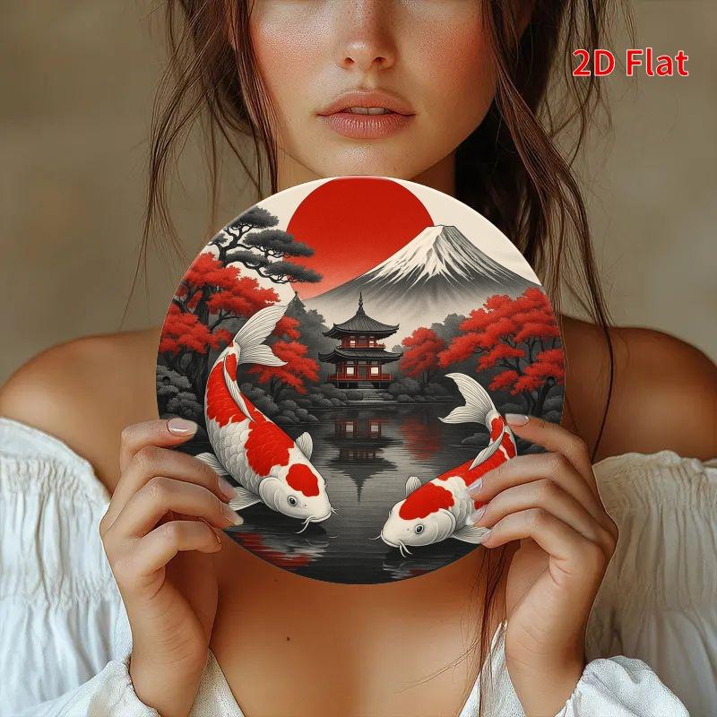 Koi & Fuji Metal Art. 7.8" round Japanese landscape for home, office or cafe. A festive gift.