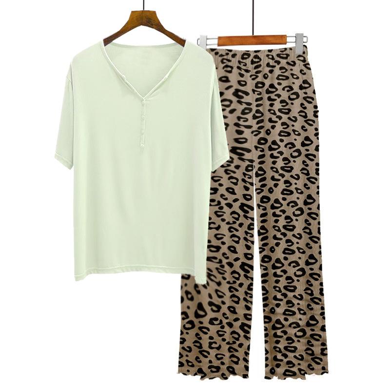 

Женские модальные пижамные комплекты, летние футболки с коротким рукавом и брюки, модный леопардовый домашний костюм, большие размеры, свободная повседневная одежда из 2 предметов onesize светло-зеленый