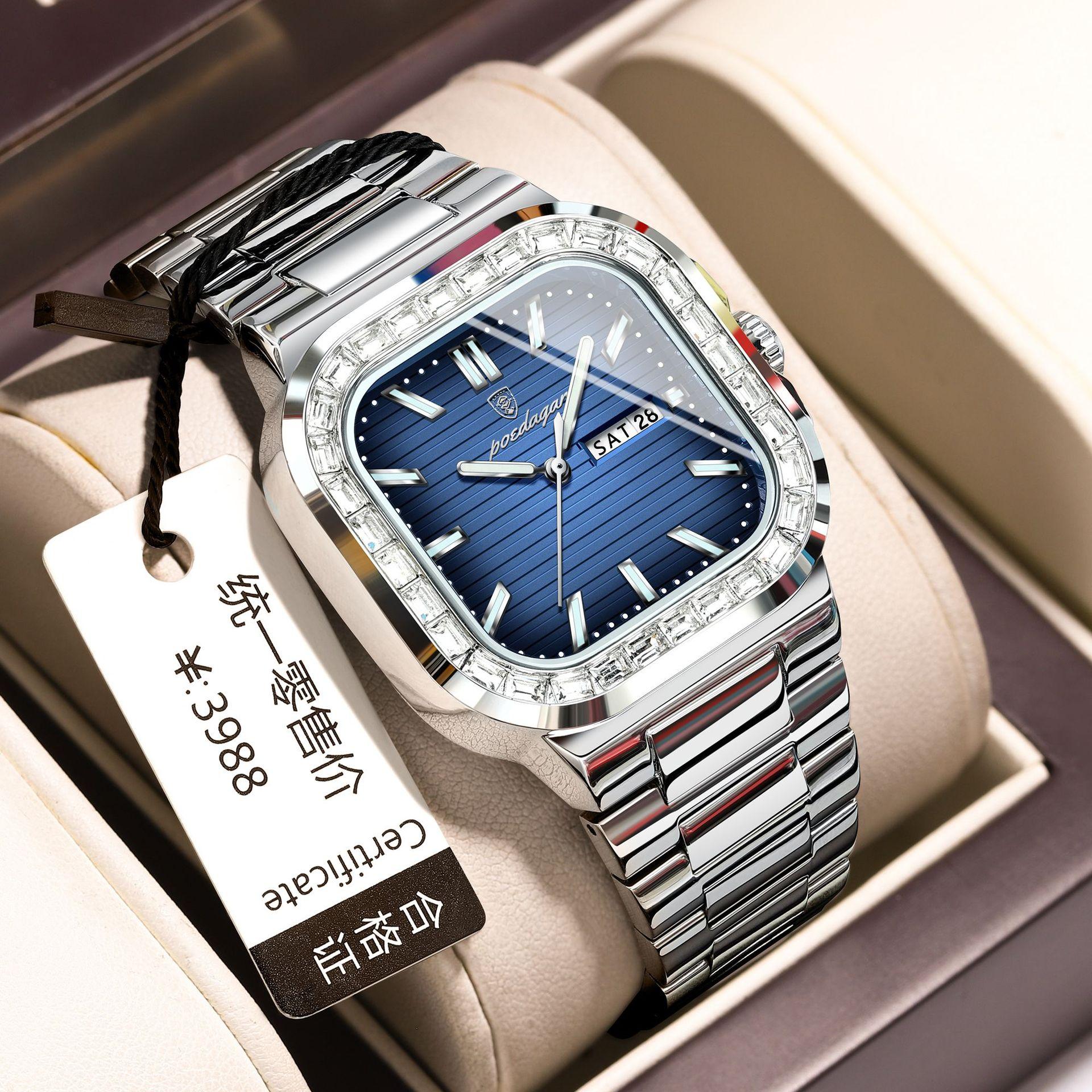 

POEDAGAR National Top Swiss Brand Men s Watch New Diamond Set Double Calendar Fashion Quartz Watch P975Silver case, blue dia