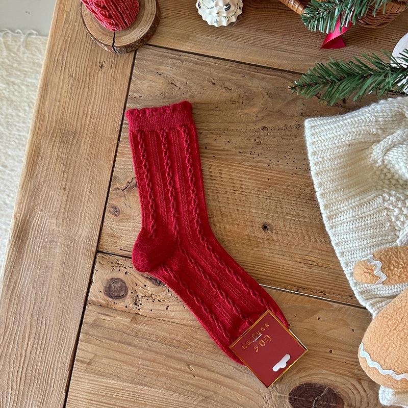 Velvet Bow New Year'S Socks, Exquisite Rabbit Plush Mixed Warm Big Red Socks