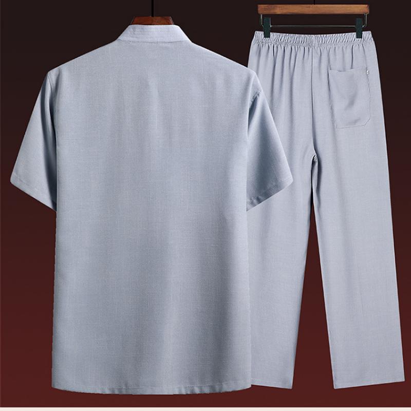 Traje de lino y algodón chino de verano de talla grande para hombre, conjunto de dos piezas de manga corta y pantalones