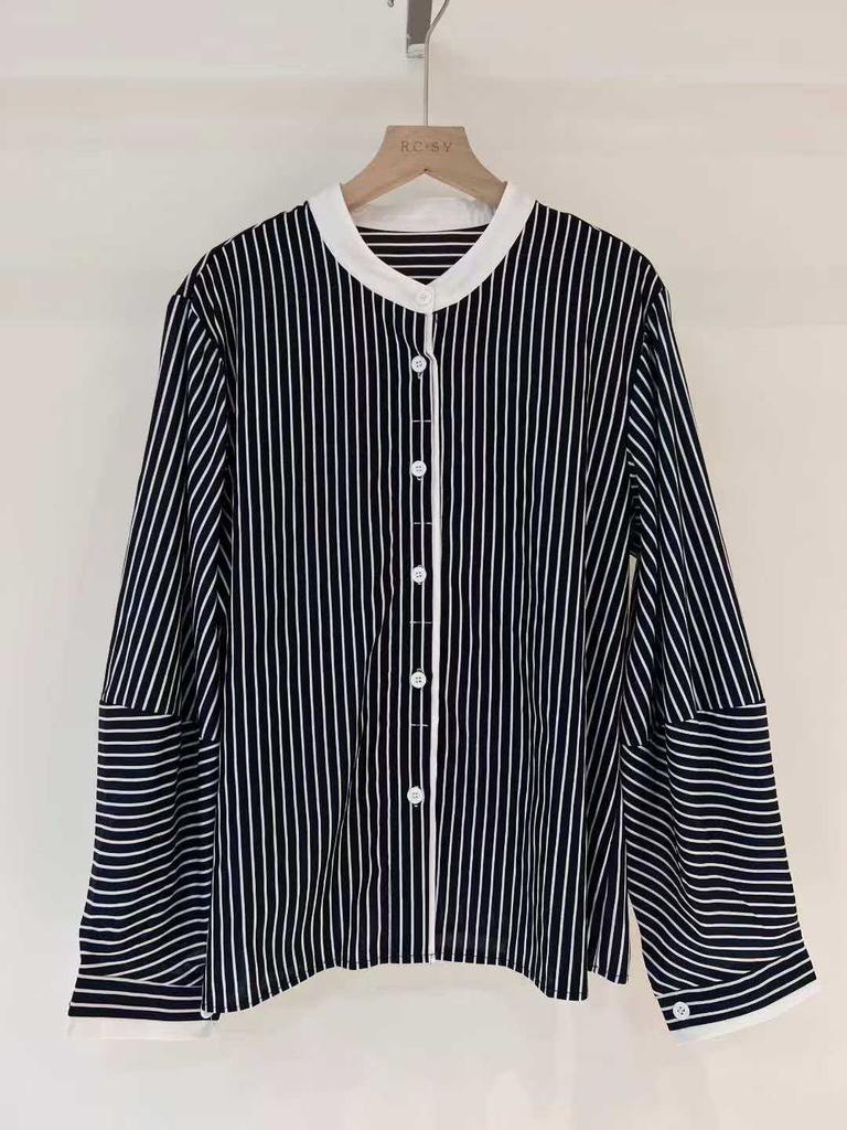 1116 Autumn New Women's Lapel Japanese Cotton Shirt Loose Shirt Top Cardigan Striped Literary Style