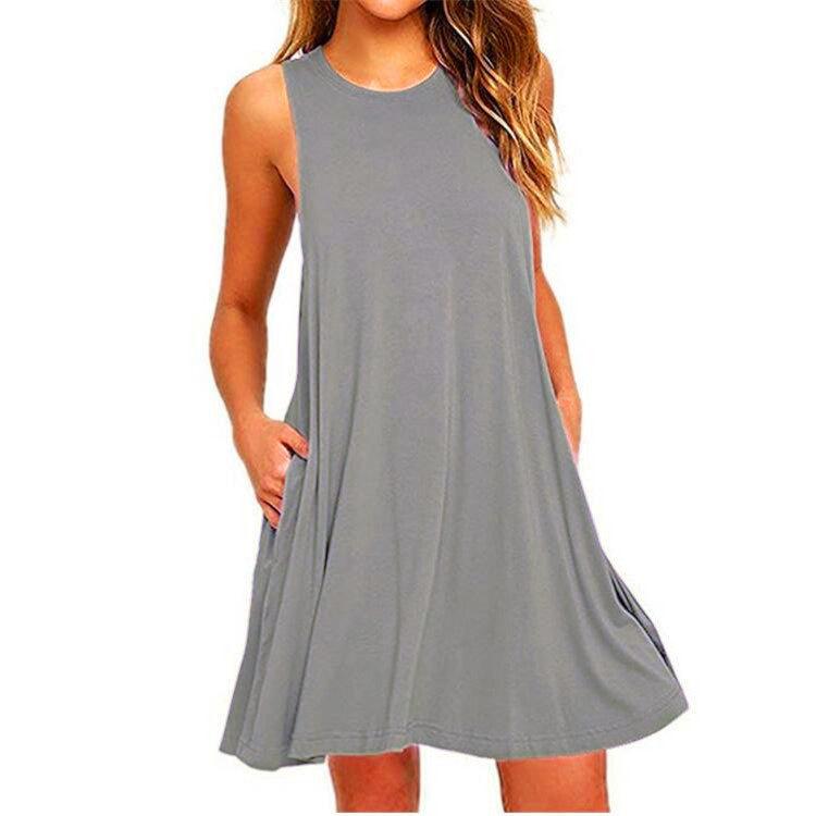 Women's Summer Casual Sleeveless Tank Dress, Solid Color Loose Round Neck Swing Mini Dress with Pockets Beach Vacation Daily Wear Dress