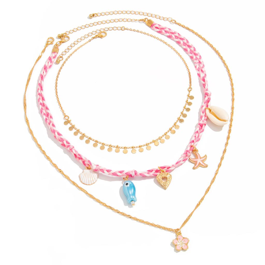 Holiday Wind Ceramic Small Fish Starfish Shell Necklace, Creative Love Woven Rope Collarbone Necklace