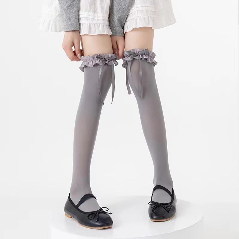 

1 пара женских чулок на весну-лето, милые кружевные чулки до бедра с бантиком, японский стиль, для девочек-лолит, каваи, высокие носки выше колена One Size серый