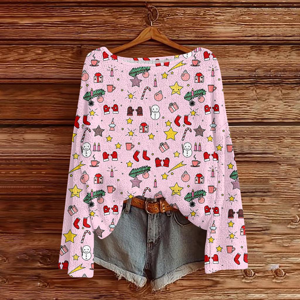 Damen Modische Oversized Strickware Langärmeliges Oberteil mit Weihnachtsdruck