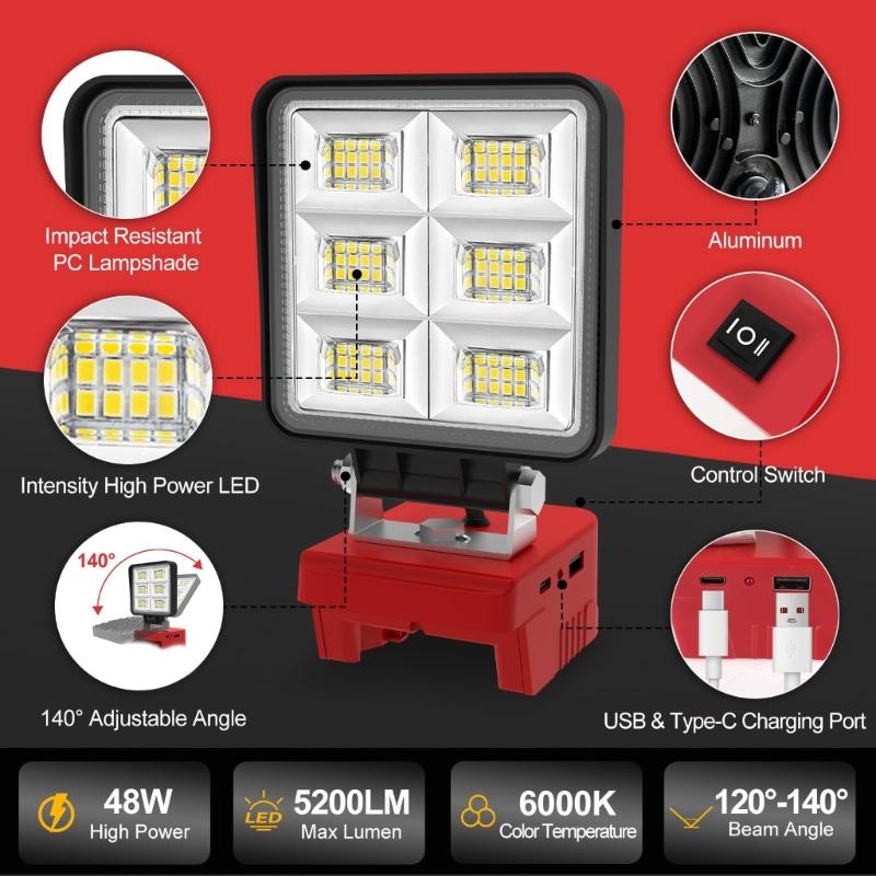 Portability Camping Work Light MultiFunction Lighting Tool for 18V/20V Tool Battery with USB & Type C Charging Port