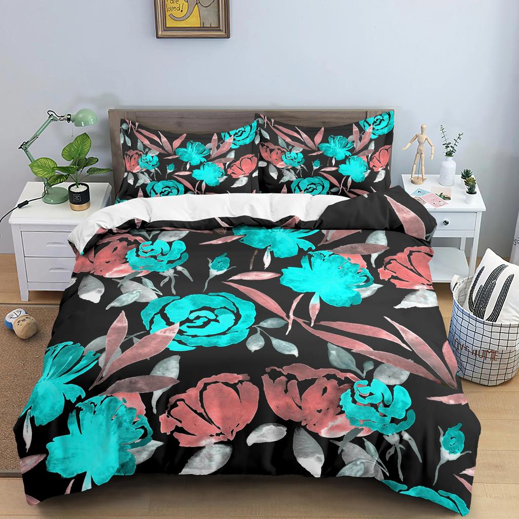 Flower Bedding Set Colorful Floral Duvet Cover Queen King Size Green Leaves Blossom Quilt Cover 2/3Pcs Polyester Comforter Cover