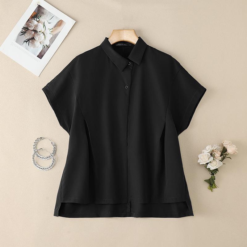 

ZANZEA Женская свободная повседневная блузка с отложным воротником и коротким рукавом S чёрный