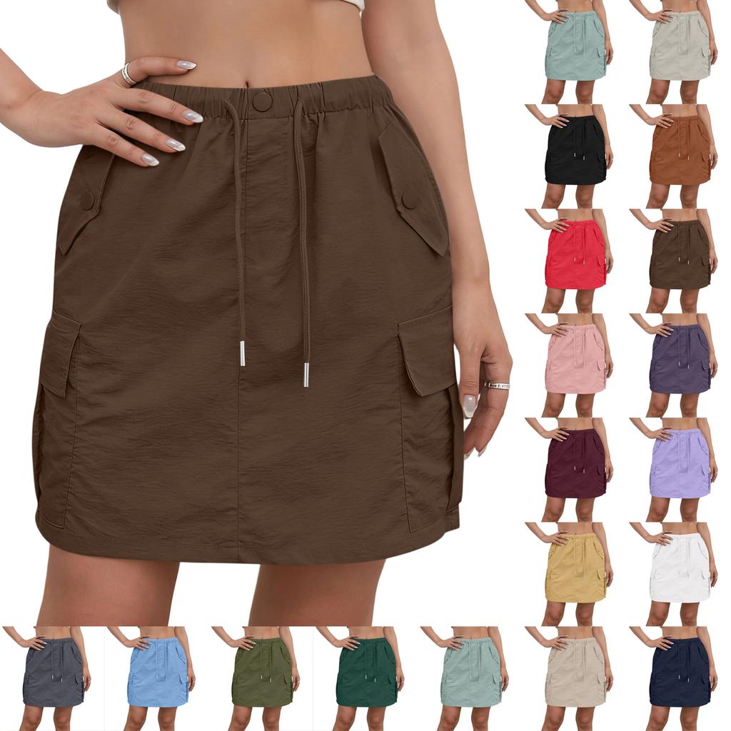Women's Summer Fashionable Drawstring Elastic Waist Pocket Casual Workwear Skirt