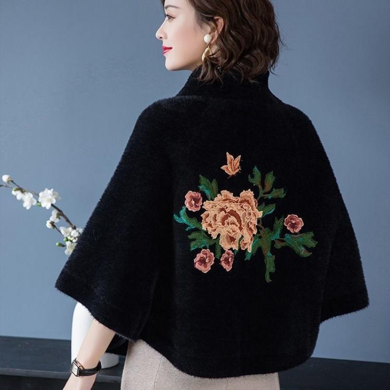 Autumn and winter warm little cloak fashionable and versatile cape jacket women's round neck embroidered top
