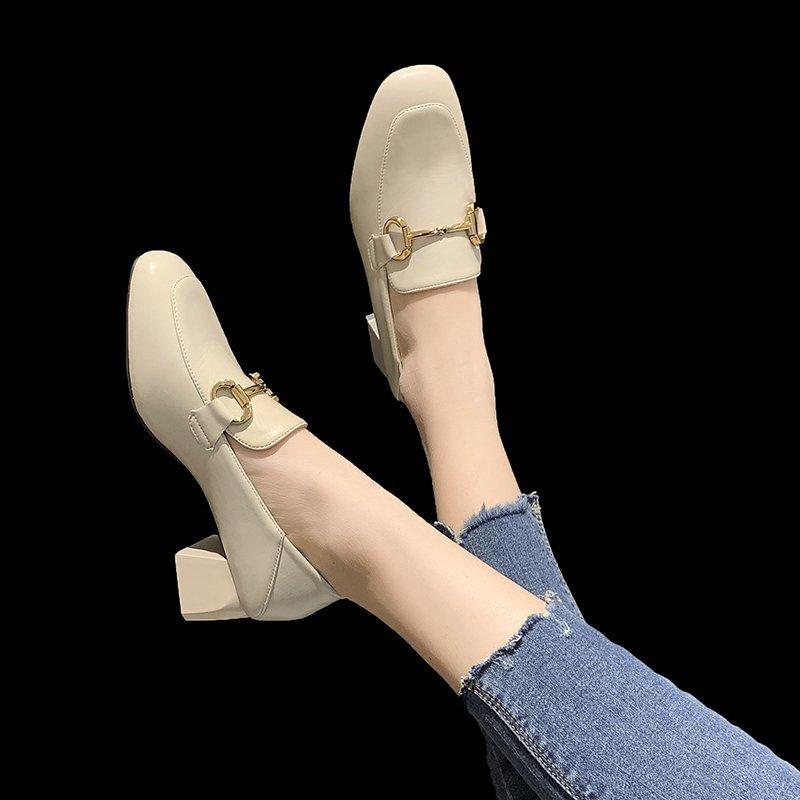 Elegant Womens High Heels with Metal Buckle Loafers Comfortable PU Mid-heel Womens Loafers Casual British Style Oxford Shoes