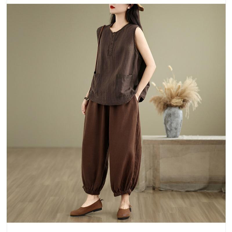 Women Vintage Cotton Linen Sleeveless Vest Button Design Loose Fit All Match Art Style Summer New Casual Tank Top