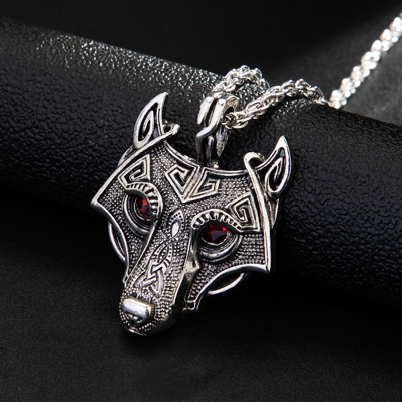 Vintage Celtic Style Red Eyes Wolf Head Pendant Necklace For Men Women Hip Hop Punk Copper Color Box Neck Chain Jewelry Gifts