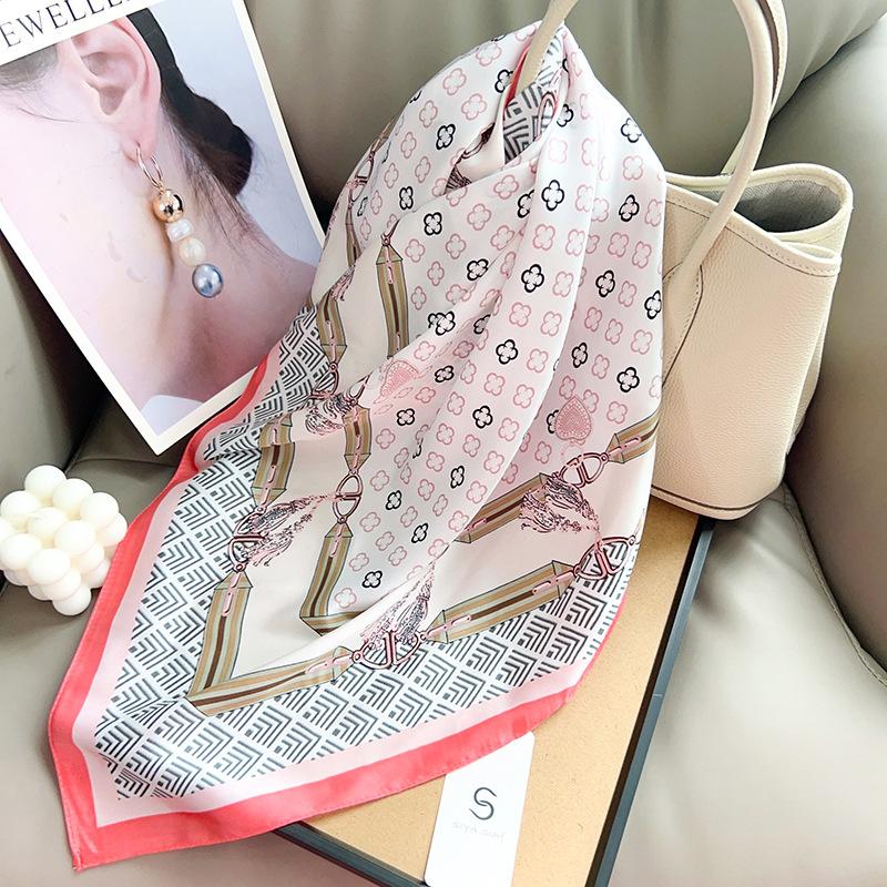 Korean design chain printing high-end silk scarf summer thin imitation silk square scarf versatile neck scarf headscarf