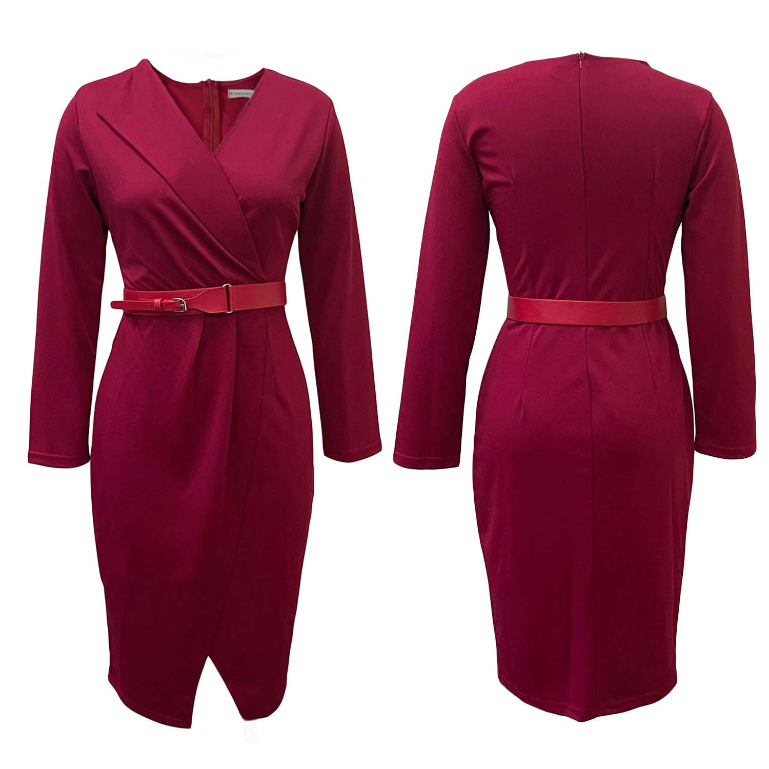 

Женское платье большого размера на весну и осень, модное платье с длинными рукавами, цельное однотонное платье с поясом S красный