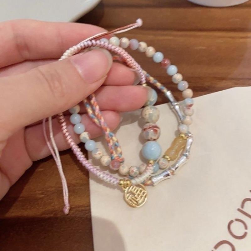 Colorful Rope Shoushan Stone Bead Bracelet, Retro Bamboo Joint Bracelet, Hand-woven and Layered Handcrafted Jewelry Accessory