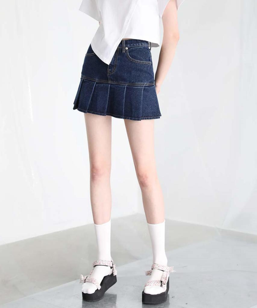 AVANDRESS Pleats Denim Skirt Black