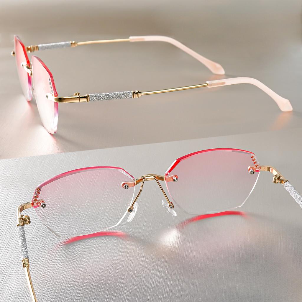 Elegantes Óculos de Leitura Sem Aro com Strass Brilhantes - Gradiente Rosa, Ajuste Confortável +1.0 A +4.0 Ampliação