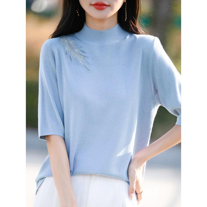 Damen Frühling und Sommer Neu Halboher Kragen Halbarm Kammgarn Strickpullover Spitze Spleißen Unterhemd Dünnes T-Shirt